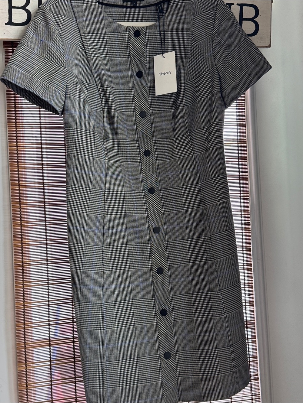 Theory Black and Gray Plaid Button-Front Shift Dress
